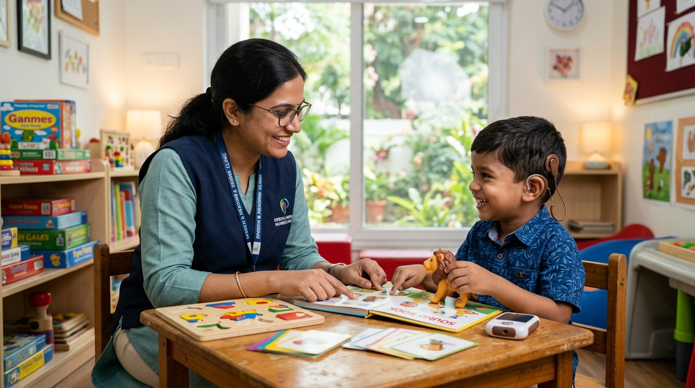 Indian speech therapist guiding a child with cochlear implant during sound therapy