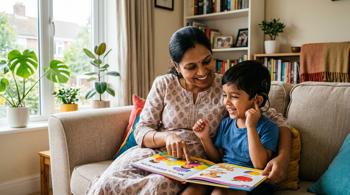 Mother and child practicing speech therapy at home